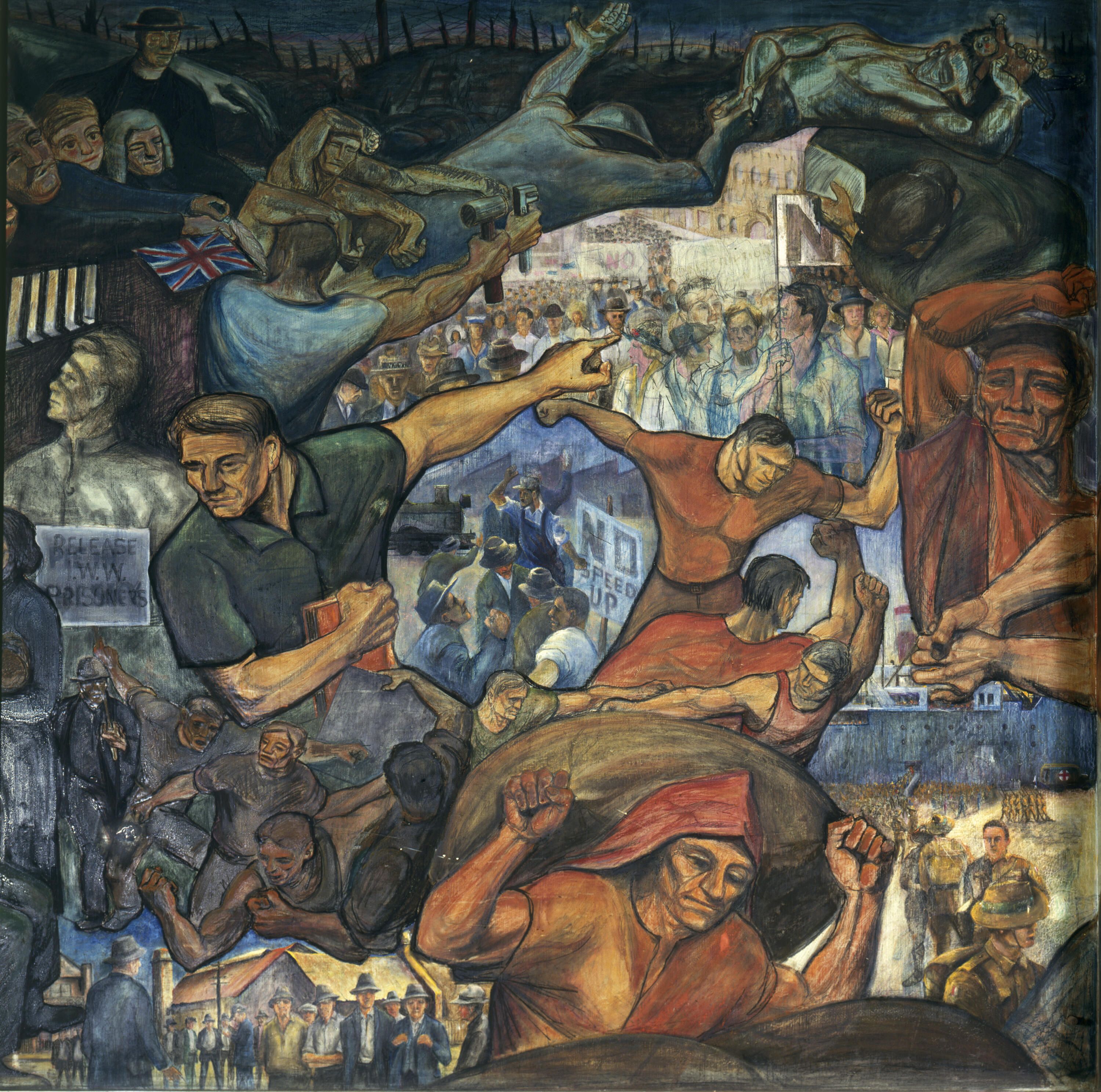 Section of a painted mural featuring images of men at work.