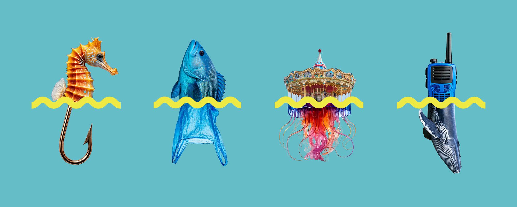 Graphic showing 4 mash ups of two objects; one ocean animal and the other human made.