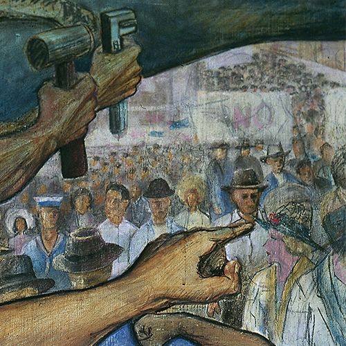 close up section of a mural showing crowds of workers.