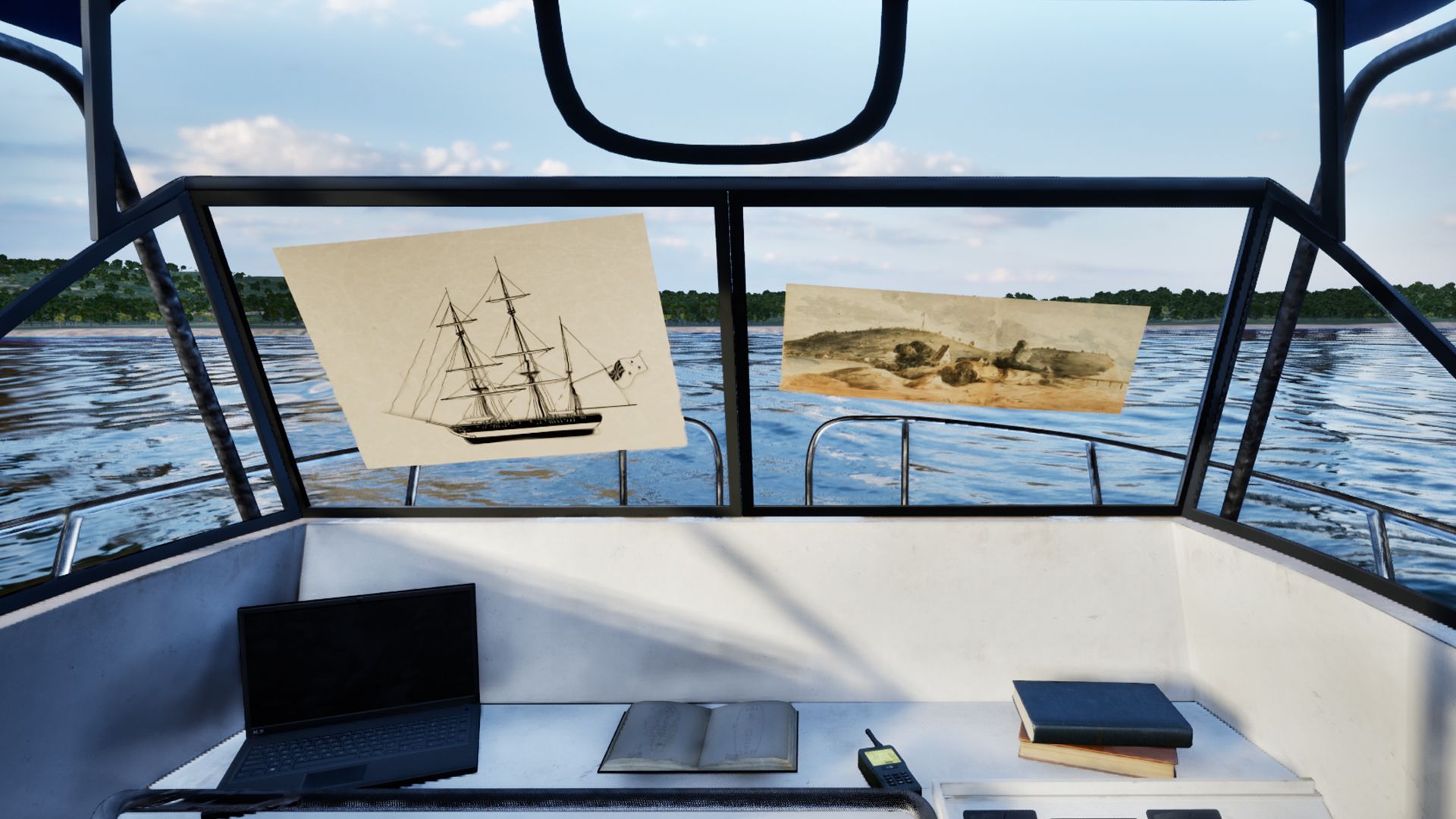 A screenshot from the virtual reality experience showing the front window of a modern boat with 2 illustrations on it. 
