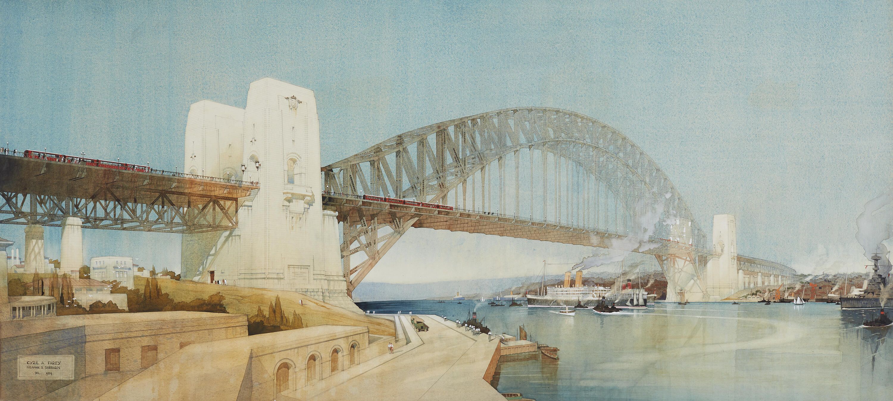 Watercolour painting depicting the Sydney Harbour Bridge seen from below from the southern shore.