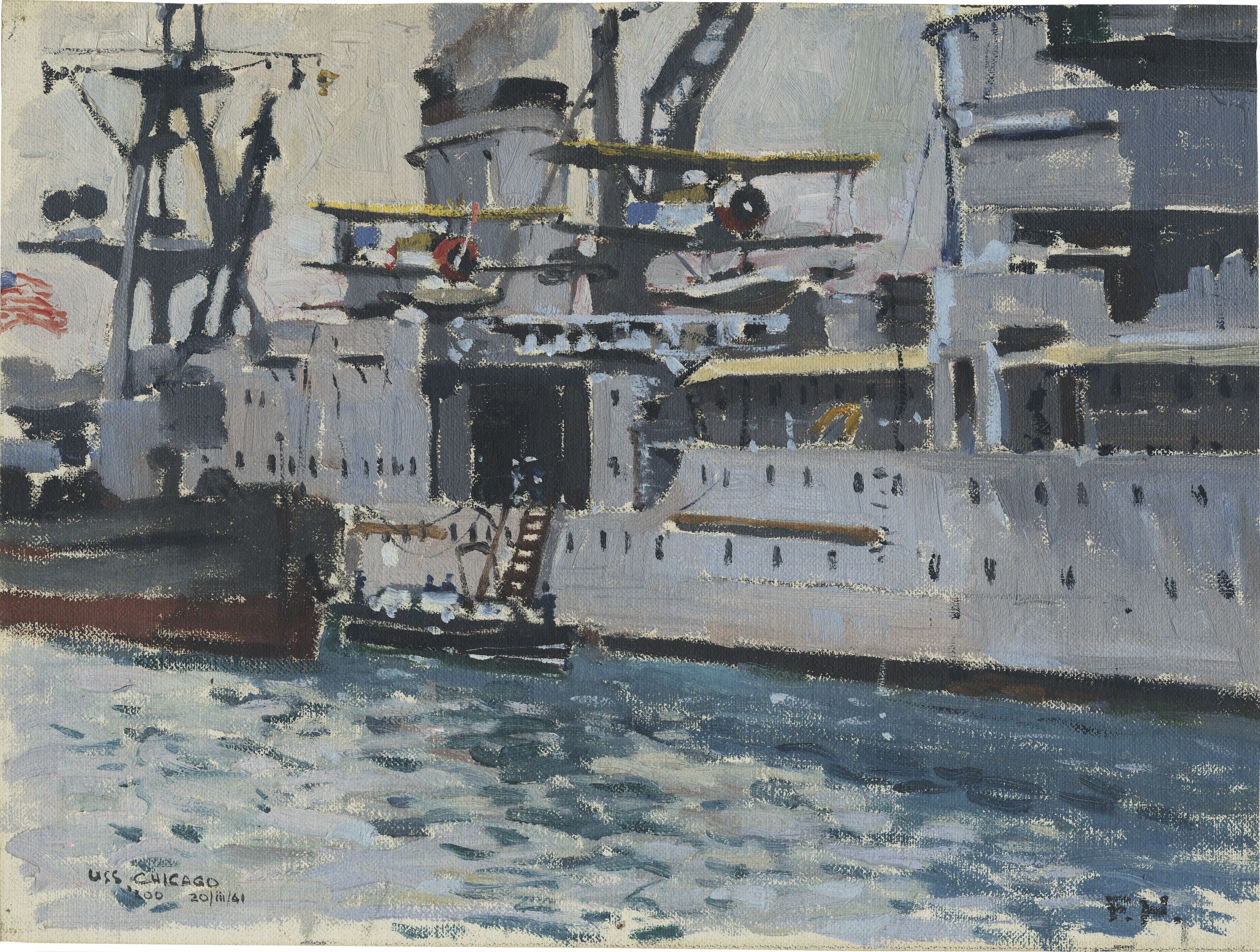 The image depicts a close-up view of the starboard side of the vessel. Two byplanes can be seen on the deck. A small boat can be seen alongside the vessel with a ladder between the two. In the middle of the left edge of the image, the bow of another vessel can be seen