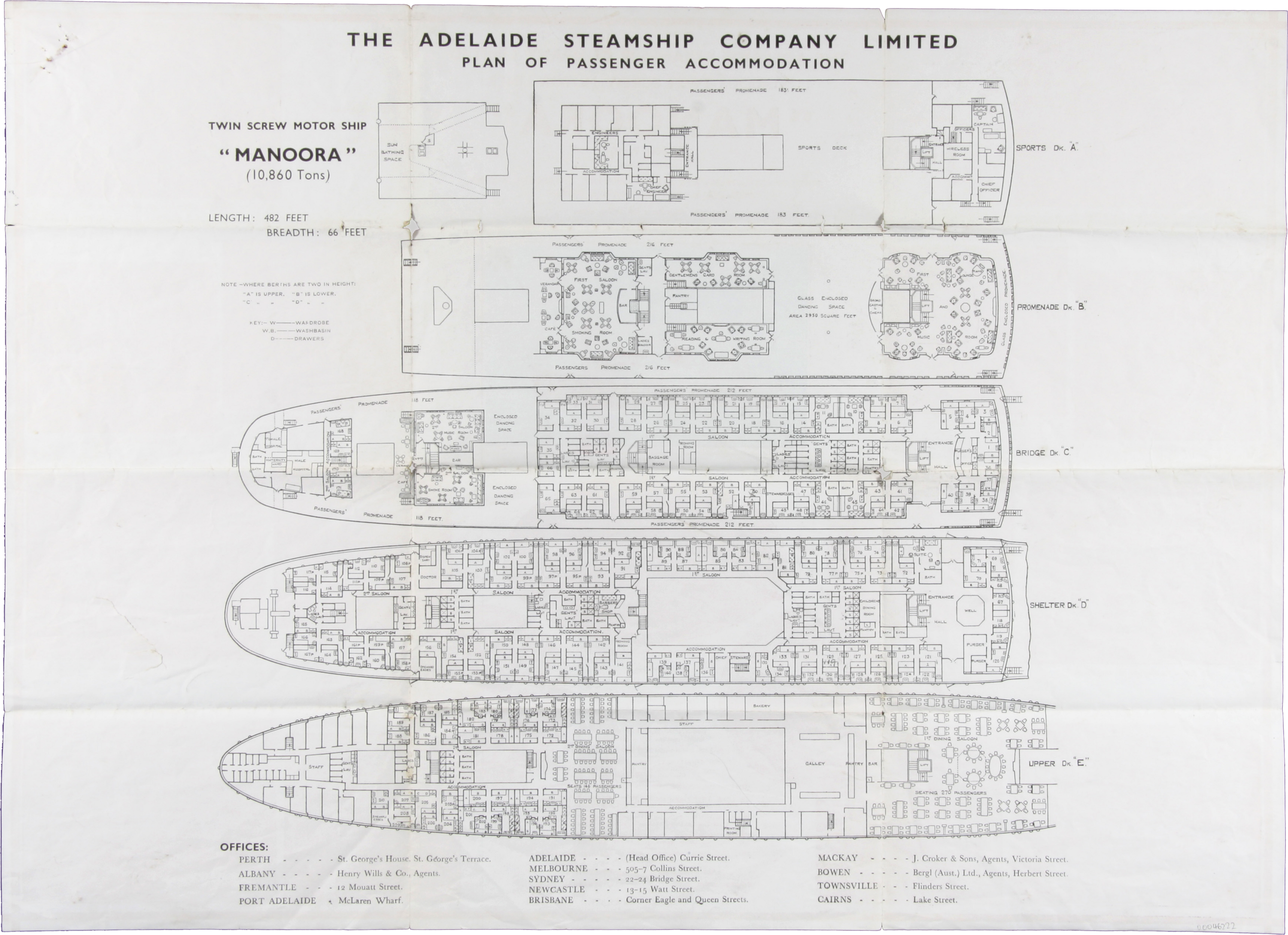Line drawing shoeing the plan of passenger accommodation on The Adelaide Steamship Company Limited luxurious twin screw motor liner MANOORA. It shows many rooms, and communal areas across 5 levels of the ship. https://collections.sea.museum/objects/159835/the-adelaide-steamship-company-limited-luxurious-twin-screw?ctx=030c7ad72ae9c2f2f82fbc9c978ad2f6712e2815&idx=49
