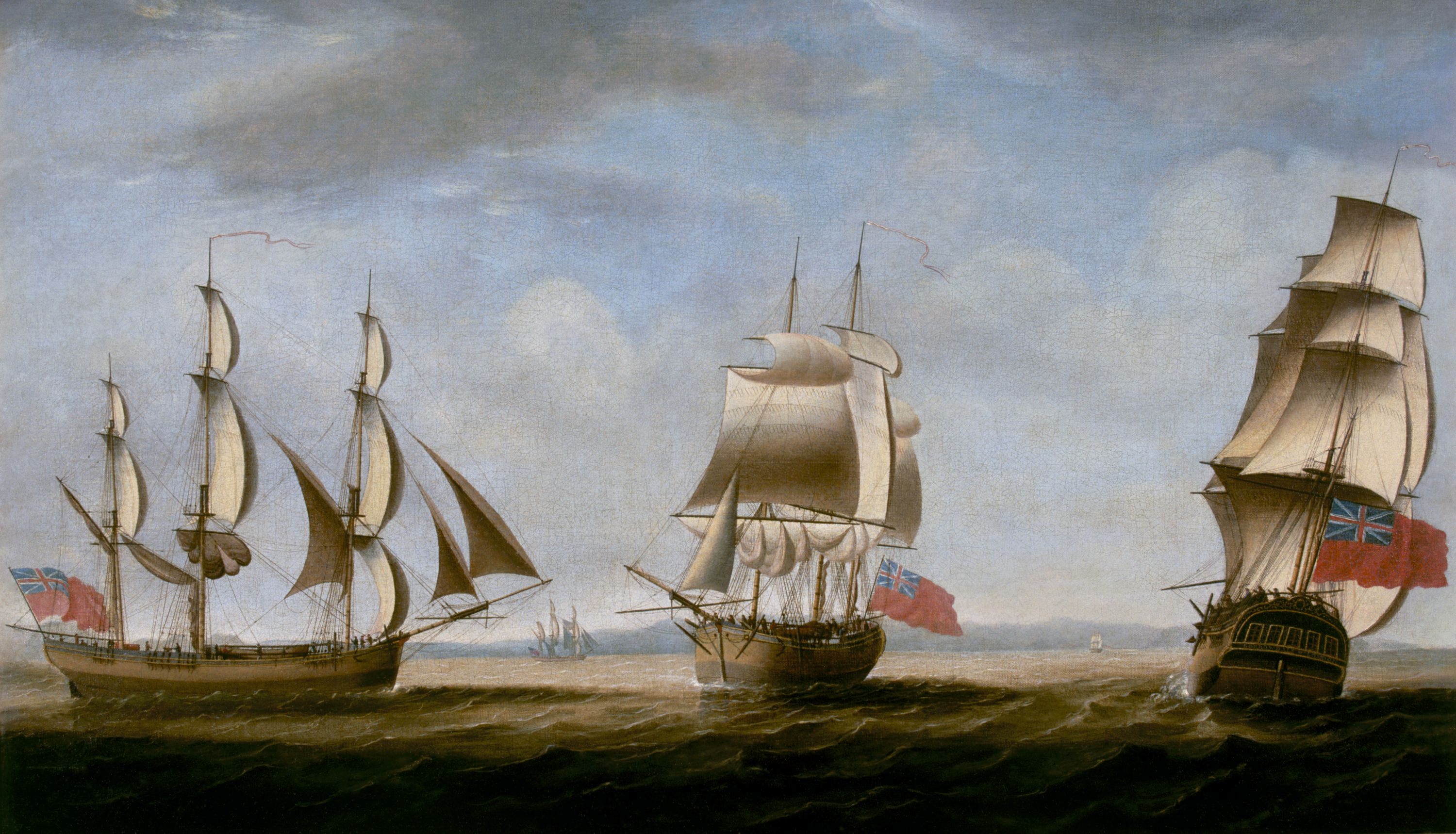 Tall ship - a three masted, wooden square rigged merchant storeship, is depicted in three positions.