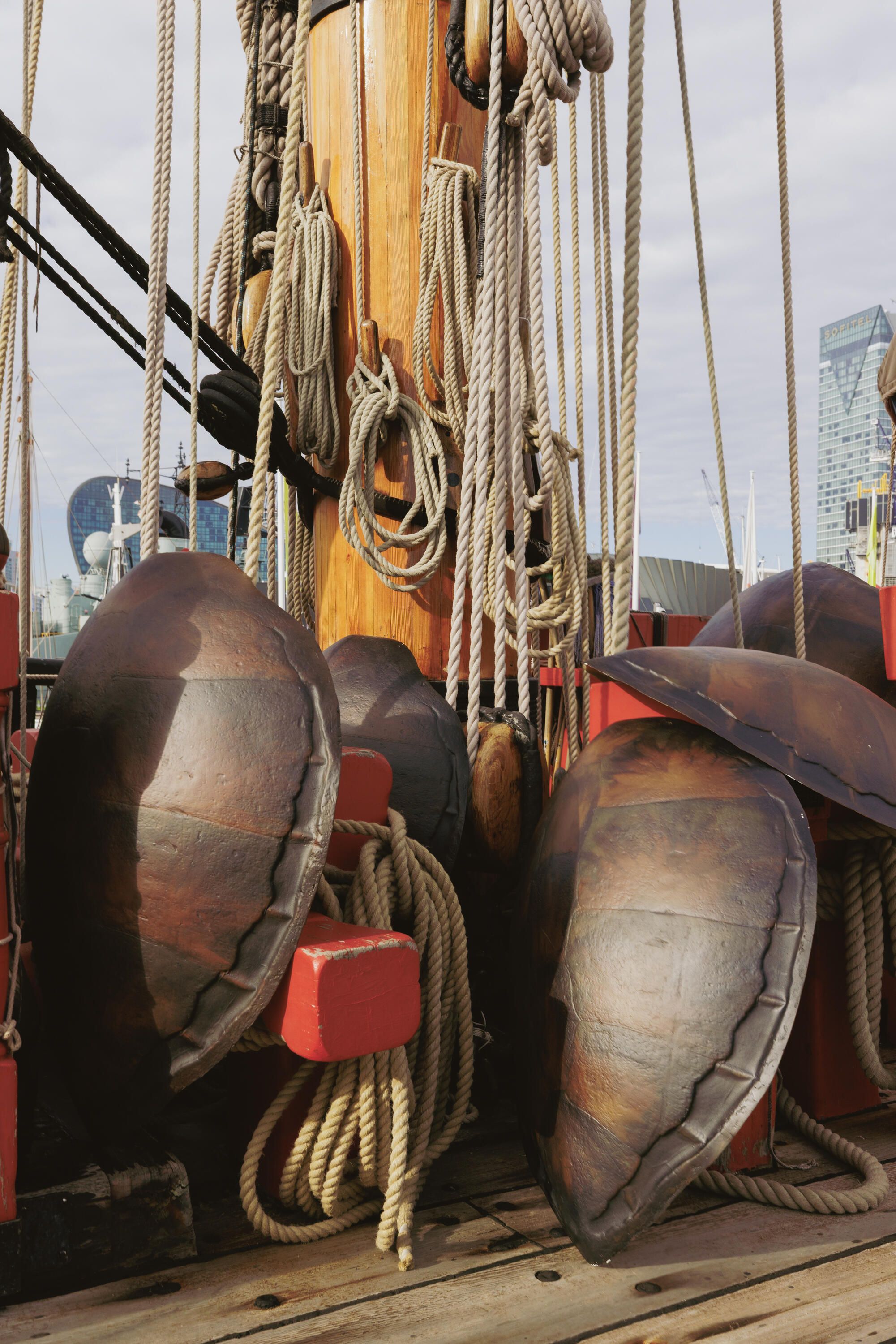 Photo showing a mast on a tall ship and lots of ropes, with a collection of large turtle shells  leaning against it.
