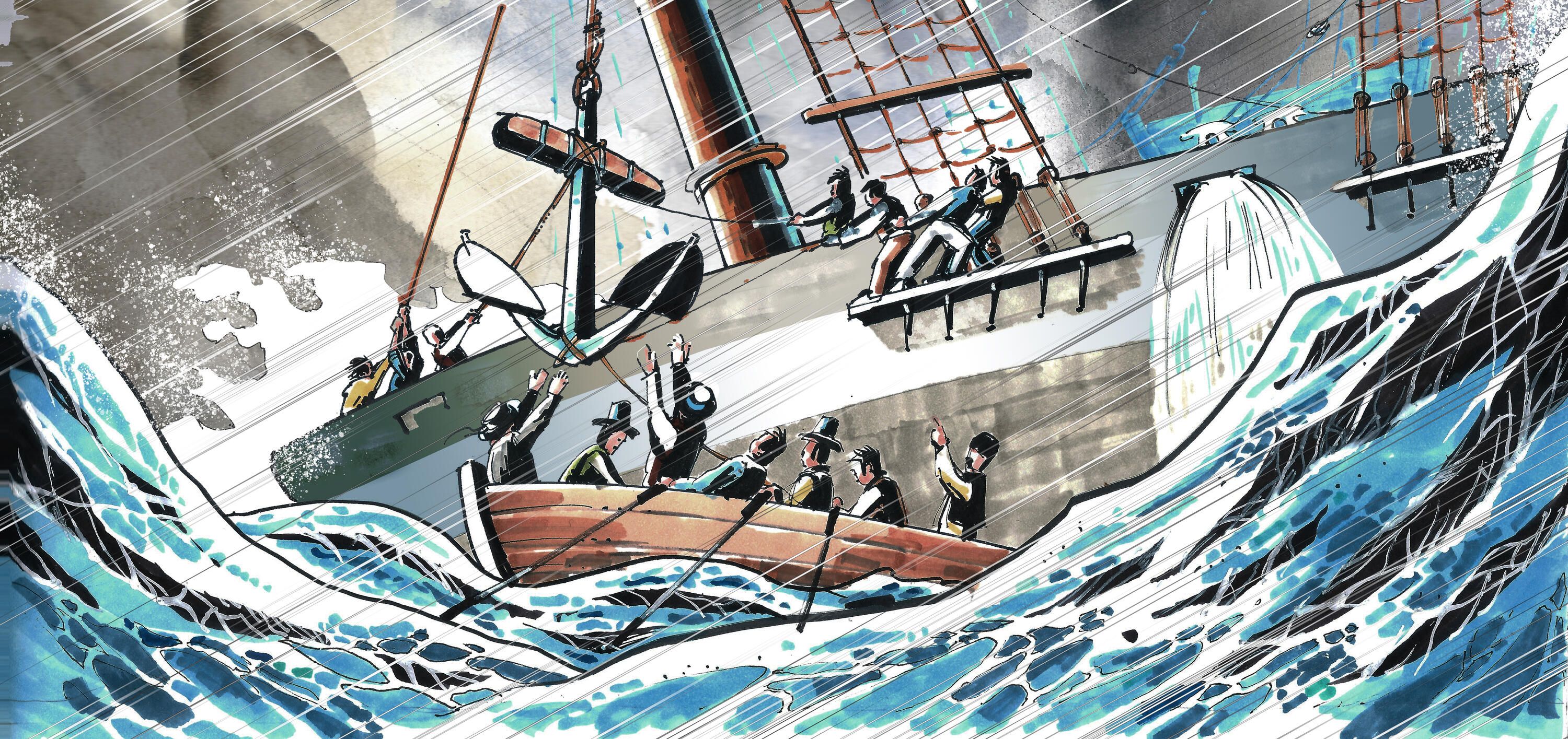Artwork showing sailors loading an anchor off a ship into a small boat in a storm