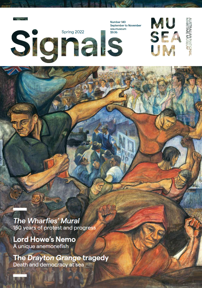 Cover of signals magazine showing image of the wharfies' mural painting