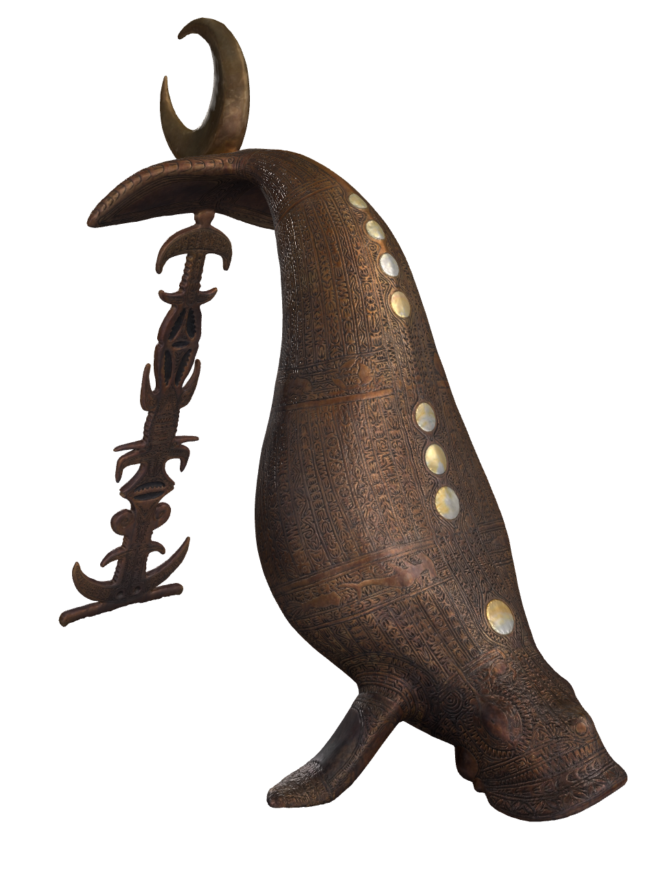 Screenshot of a 3D model of a bronze dugong sculpture covered with carved details.