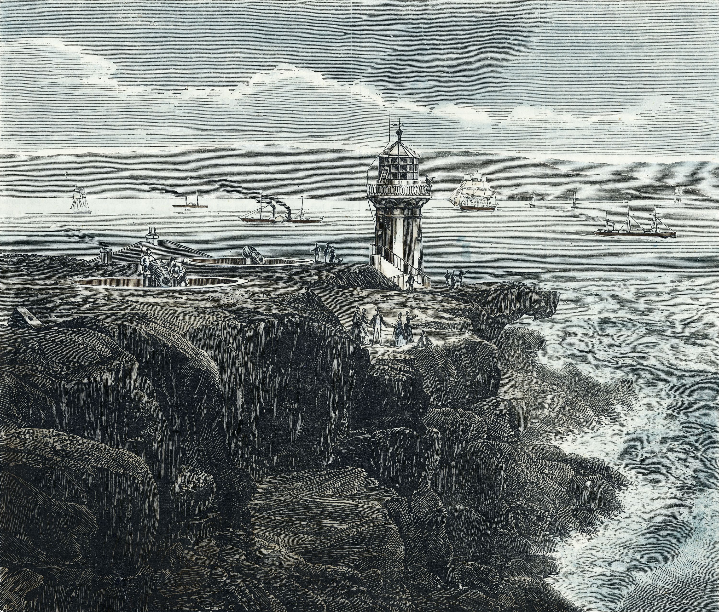 An engraving showing a lighthouse on a rockyt point, with many different boats in the harbour behind it. 