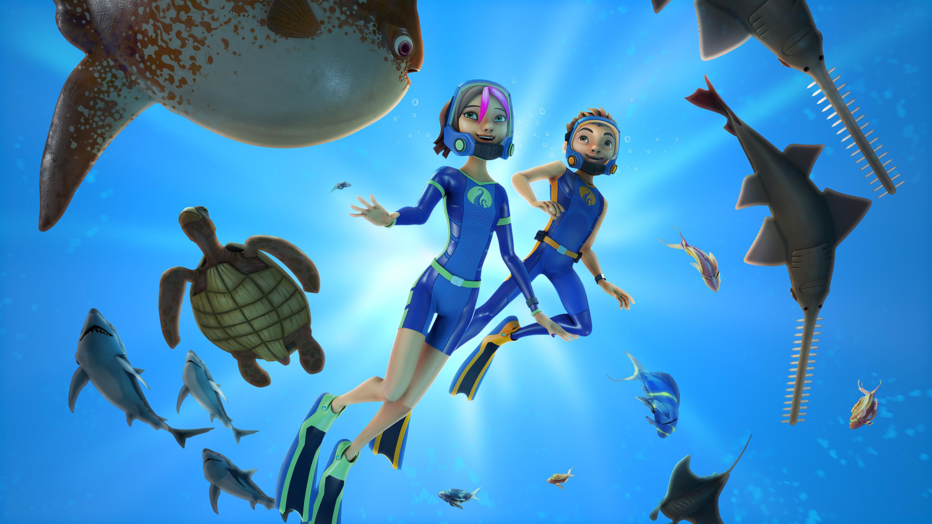 Screenshot from the Deep TV show showing 2 children diving underwater