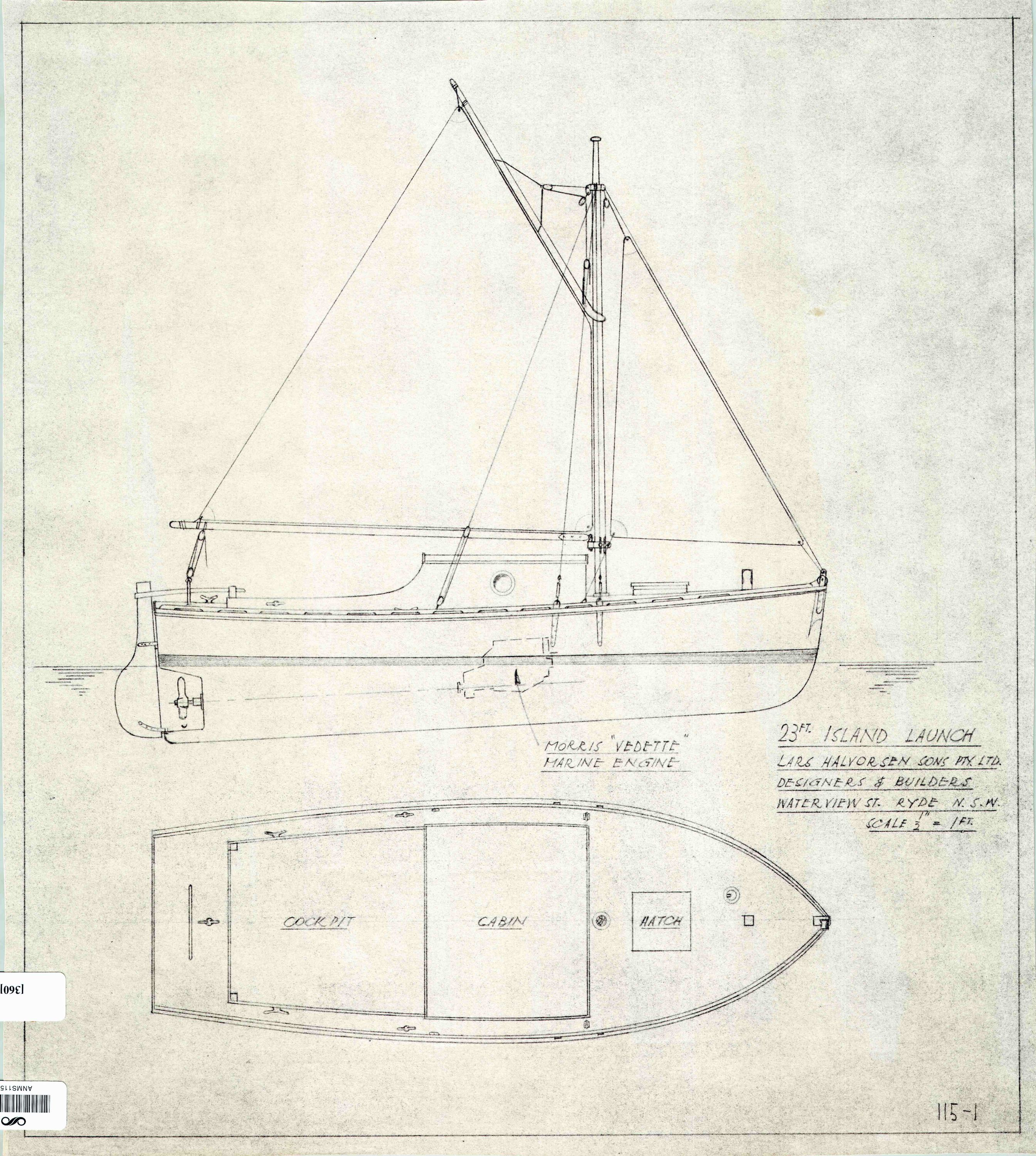 Boat plan concerning an island launch. Comprised of two line drawings of a rig and deck, one from above and one from the side. 
