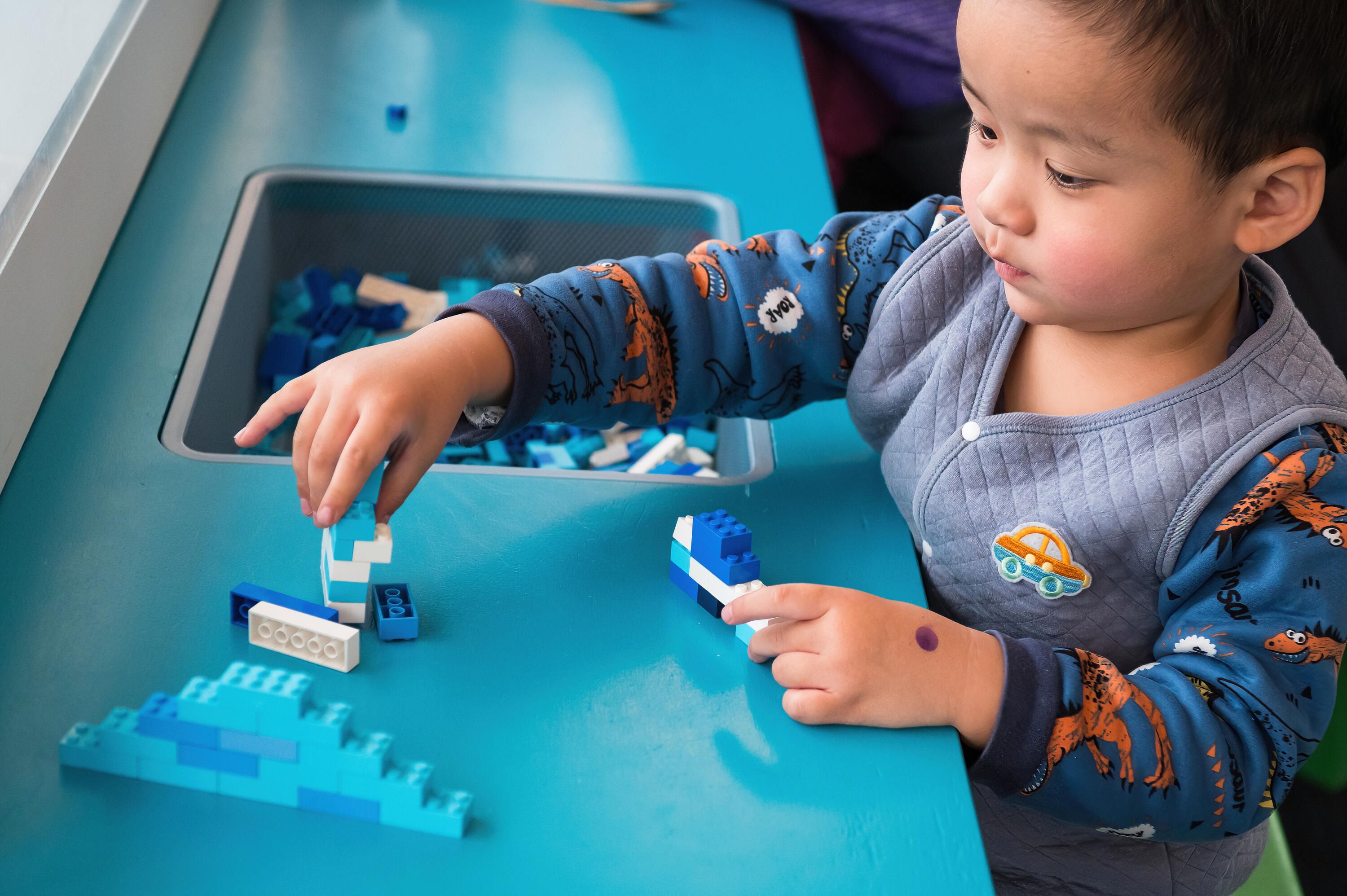 Photo of a young boy building with blue and white lego. 