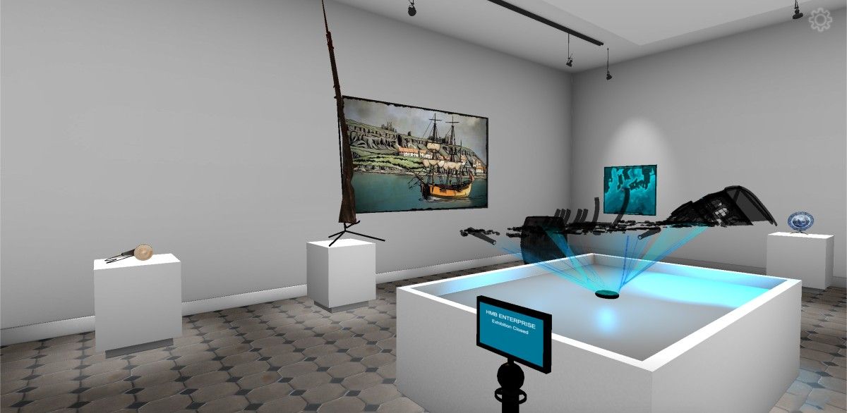 Screenshot of a video game showing a museum exhibition including shipwreck objects.