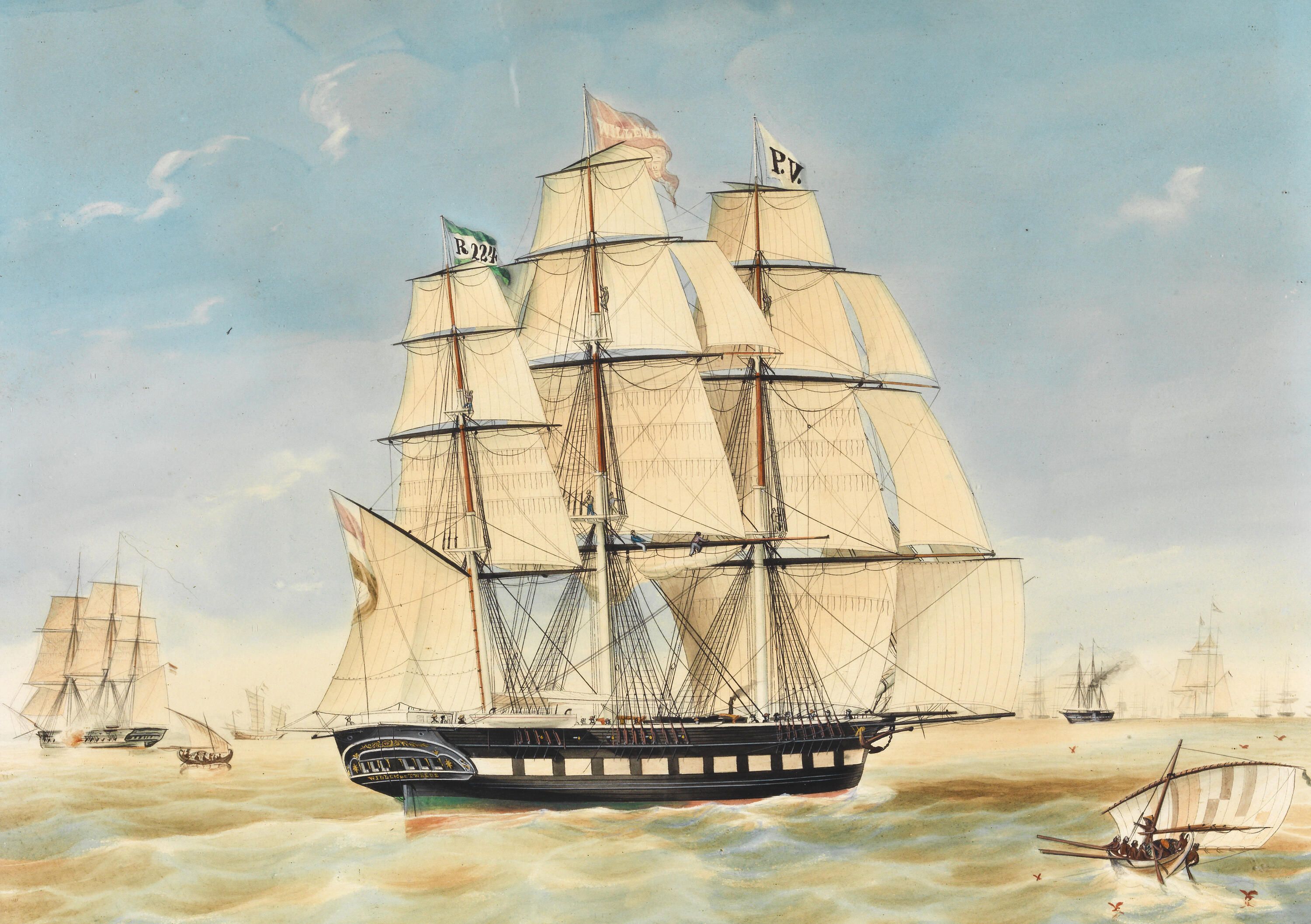 Painting of a tallship with sails 