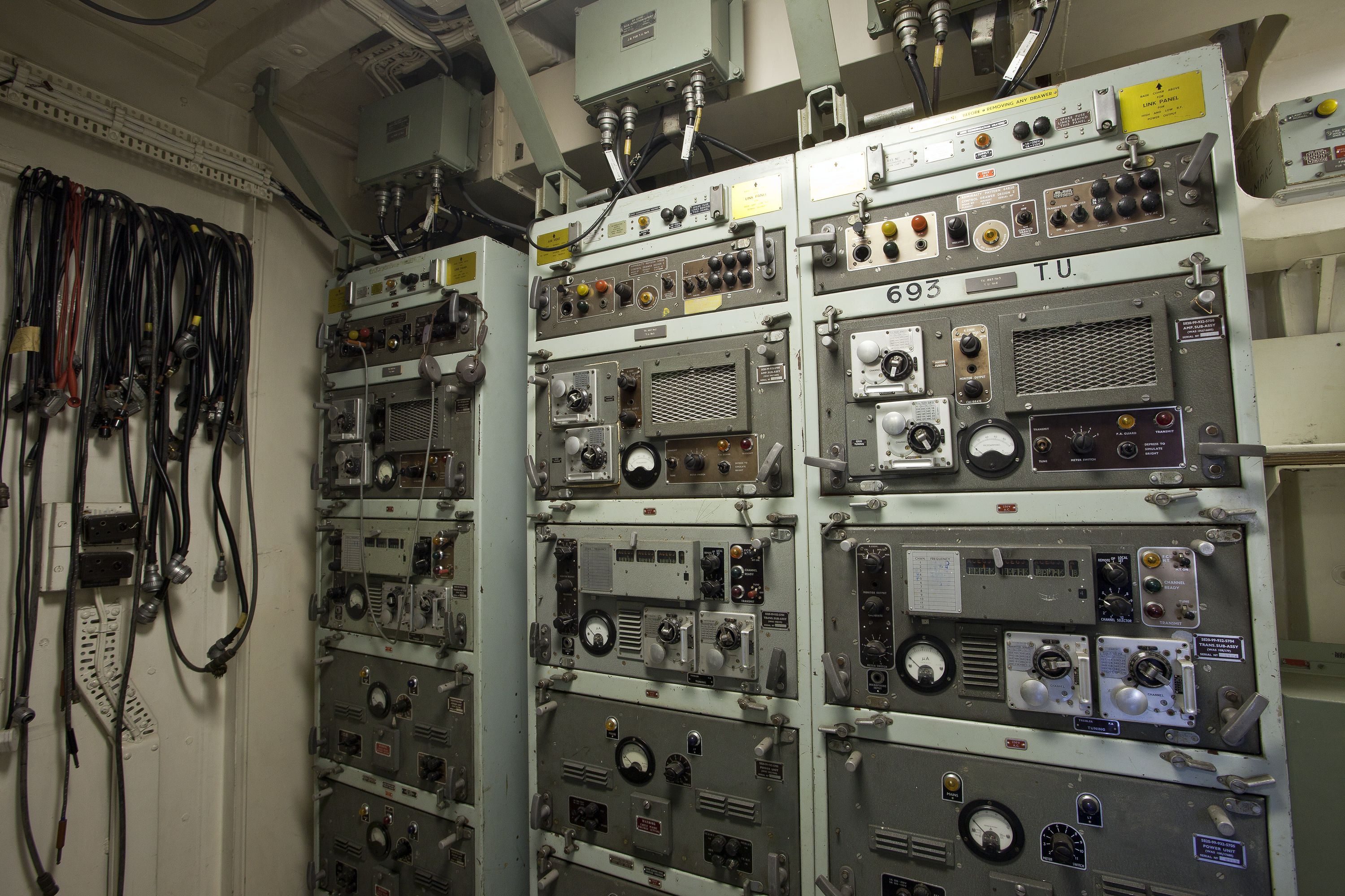 Photo showing old technical equipment on board a navy ship. 