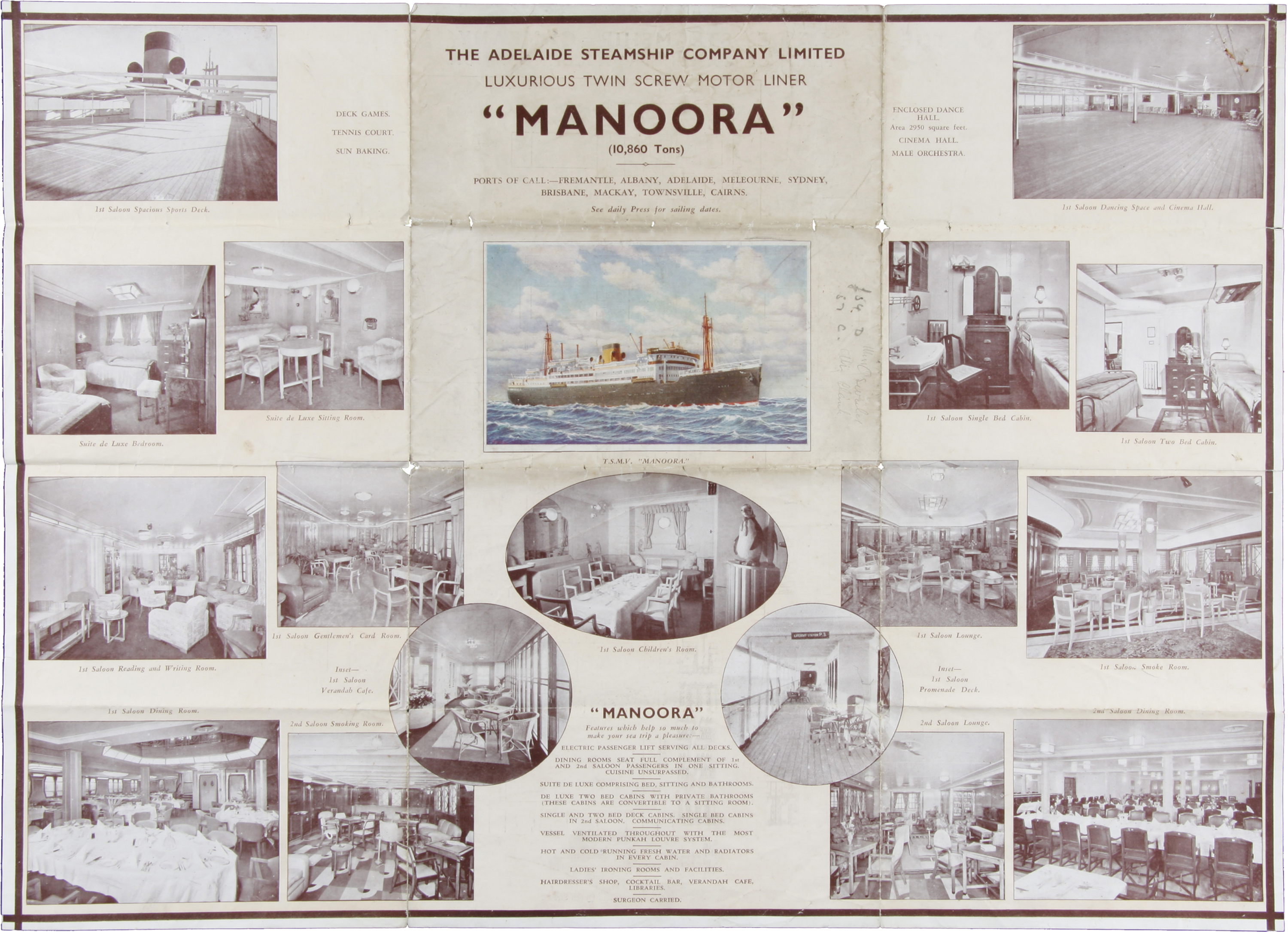 Image made up of many small black and white photos showing different areas of a cruide ship and 1 coloured illustration. The title is "The Adelaide Steamship Company Limited luxurious twin screw motor liner MANOORA" with a lot of small text advertising the features of the ship.