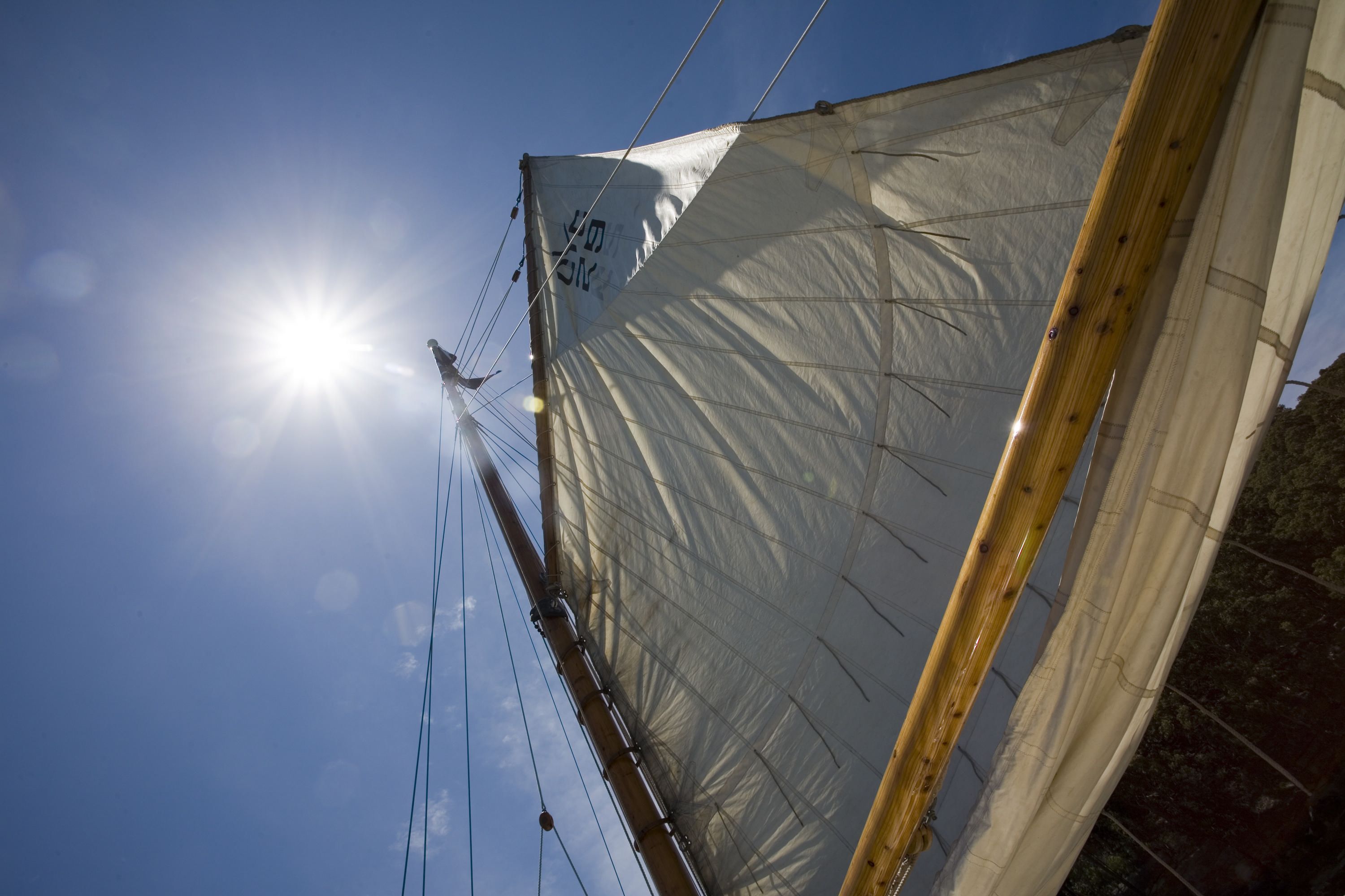 Photo taken looking up at a cream sail of a boat, the blue sky and bright sun. 