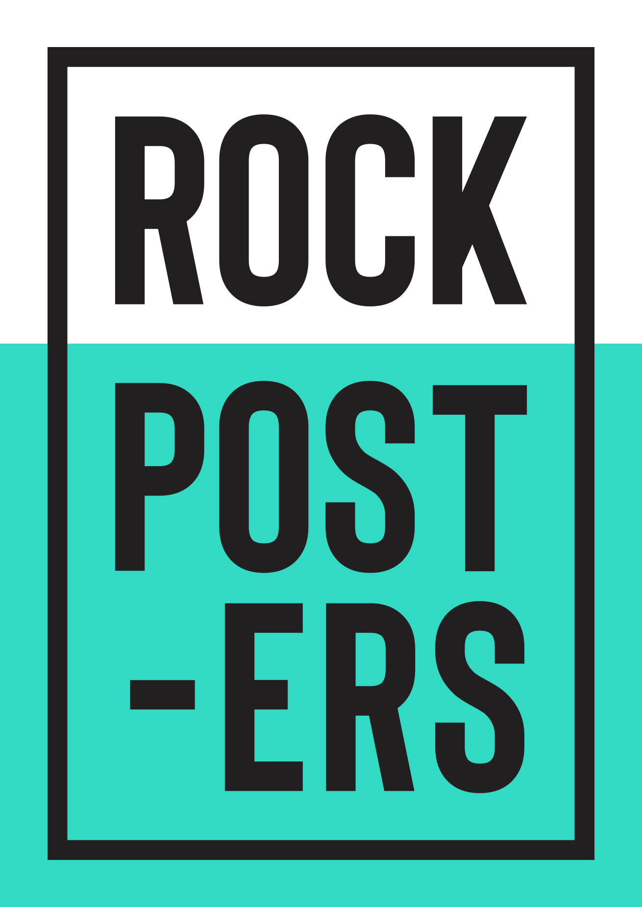 Logo for Rockposters with black text on a white and teal background