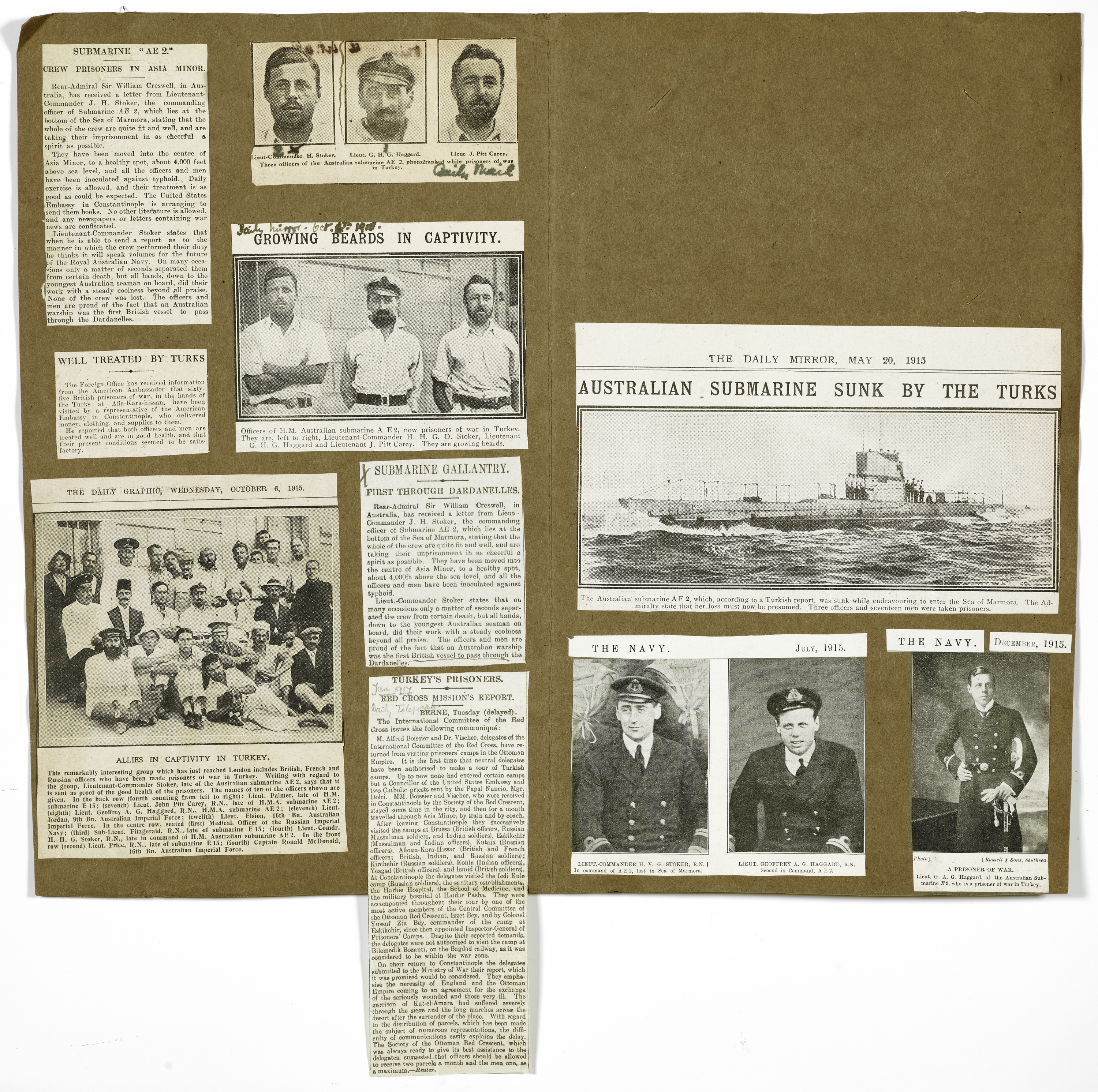 brown page with Newspaper clippings stuck onto it, relating to the submarine HMAS AE2 and its activity in the Dardanelles in 1915
