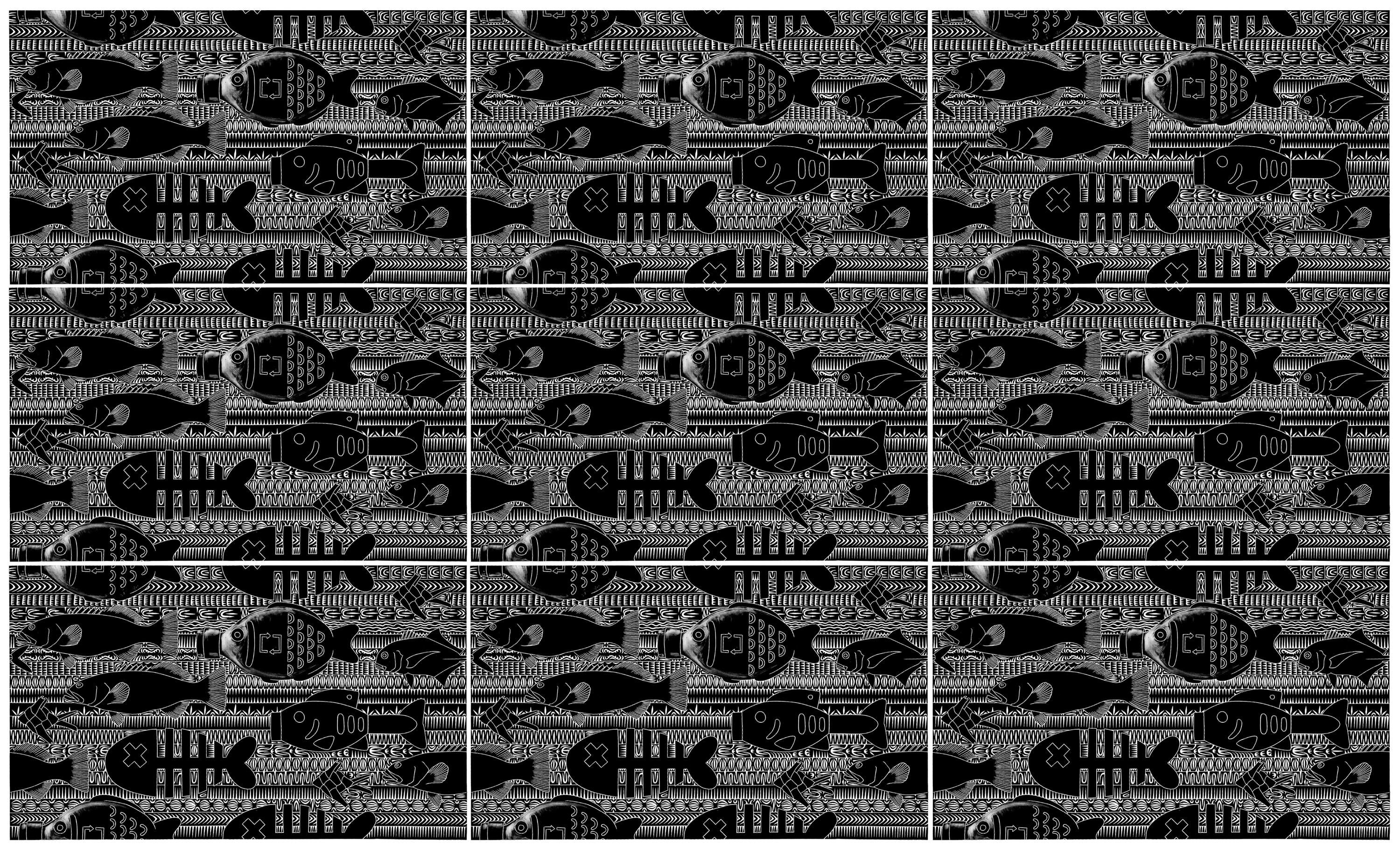 Artwork, a Black and White print of a pattern depicting different real and plastic fish.